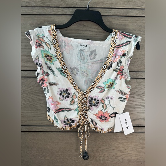Hurley • Island Batik Floral Print Front Drawstring Crop Top • White Floral • S - Picture 2 of 5
